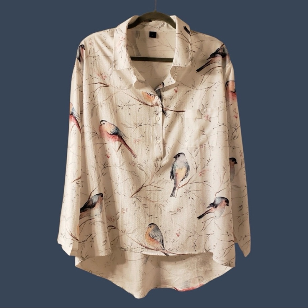 New beautiful Women's Cream Bird on a limb Print Button-Up Blouse XL